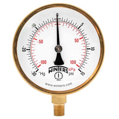 100 SERIES GAUGE STEEL 3.5'' 30''-0-15 PSI / KPA 1 / 4'' NPT LM BR SOCKET